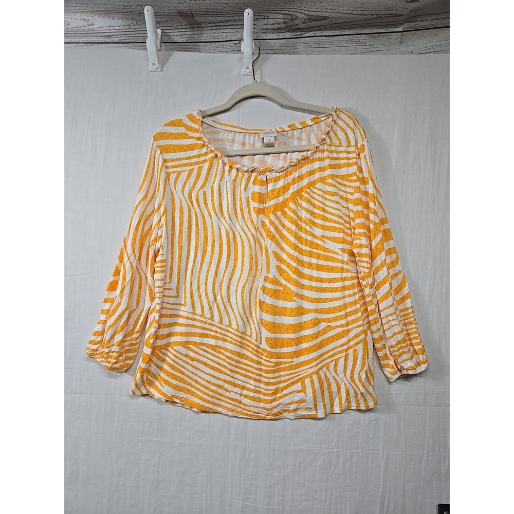 Chico's Womens Top Orange White Size 1 (Med/8) 3/4 Sleeves Keyhole Neckline